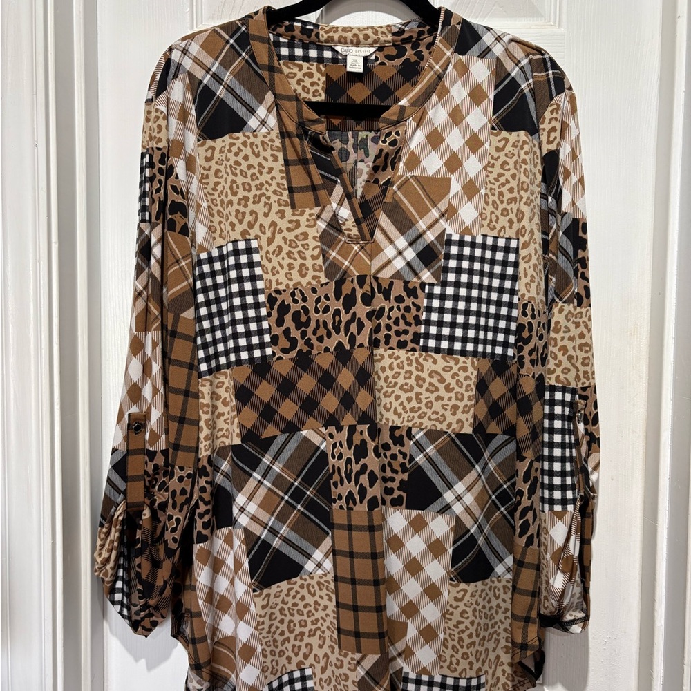 Cato Brown & Black Patchwork Plaid Leopard V‑Neck Tunic